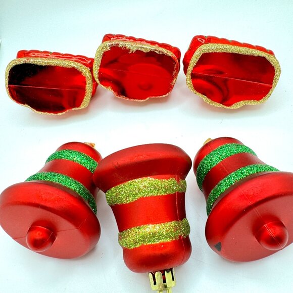 Vintage Red Gold Green Set of 6 Christmas Ornaments Gingerbread House Bells - Picture 5 of 7
